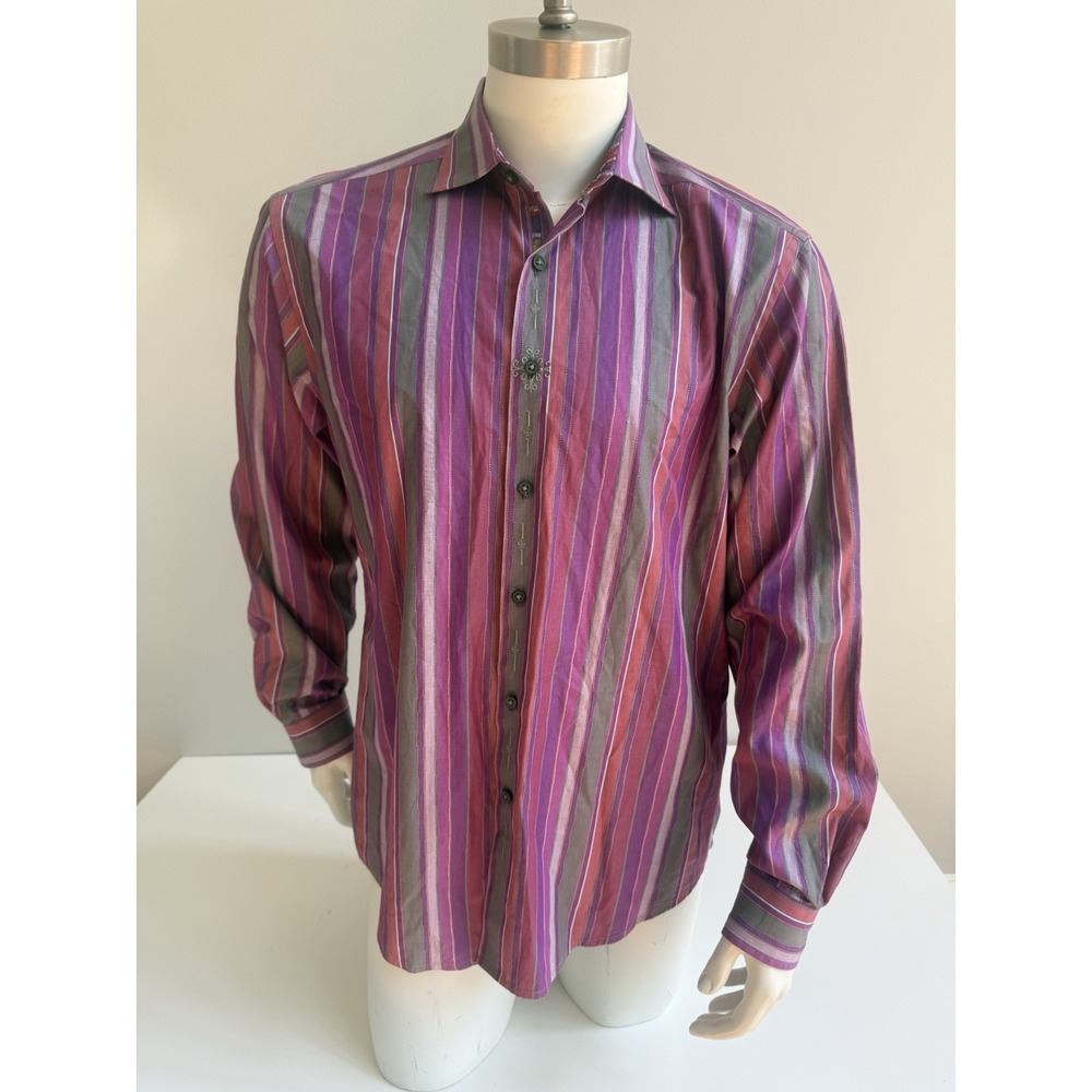 Robert Graham Large Multicolor Striped Embroidered Long Sleeve Shirt Flip Cuff